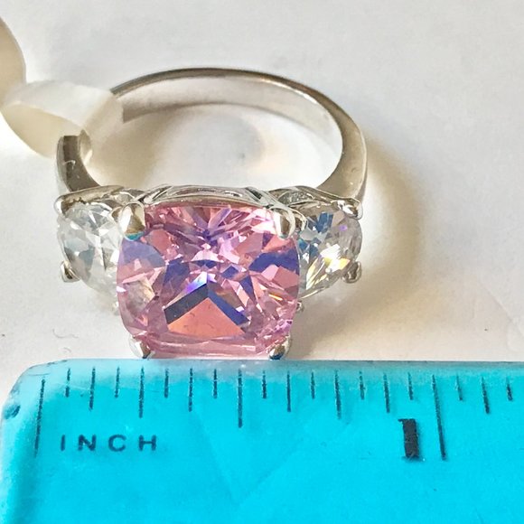 Silver Pink Cubic Zirconia Cocktail Ring Size 9 Plated Triplet Cushion Cut - Picture 11 of 12